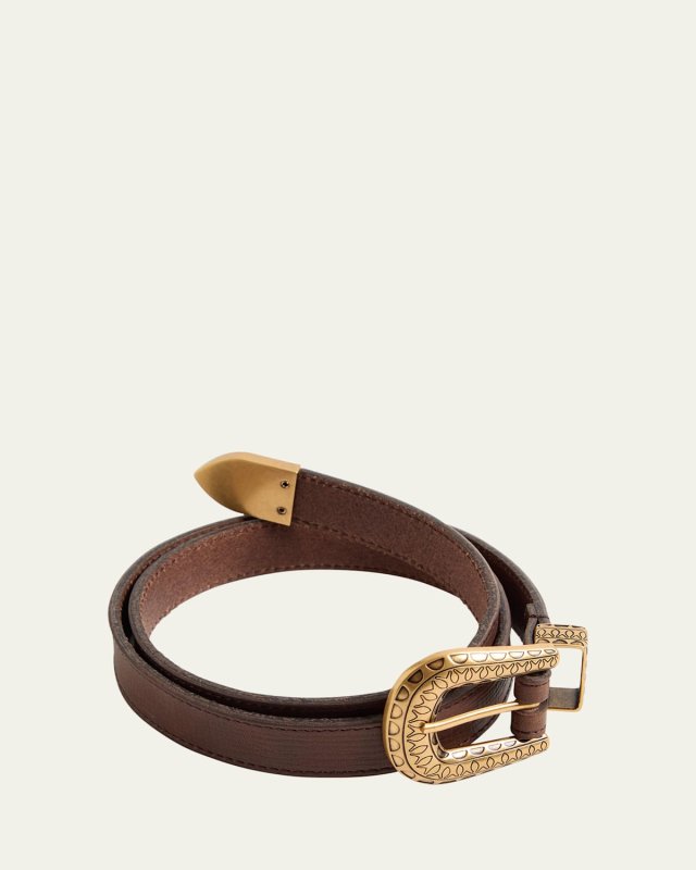 V-Logo Engraved Leather Belt